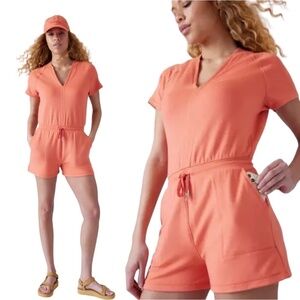 ATHLETA Balance Romper Soft Tencel Persimmon w/ Pockets Drawstring Waist Sz XS